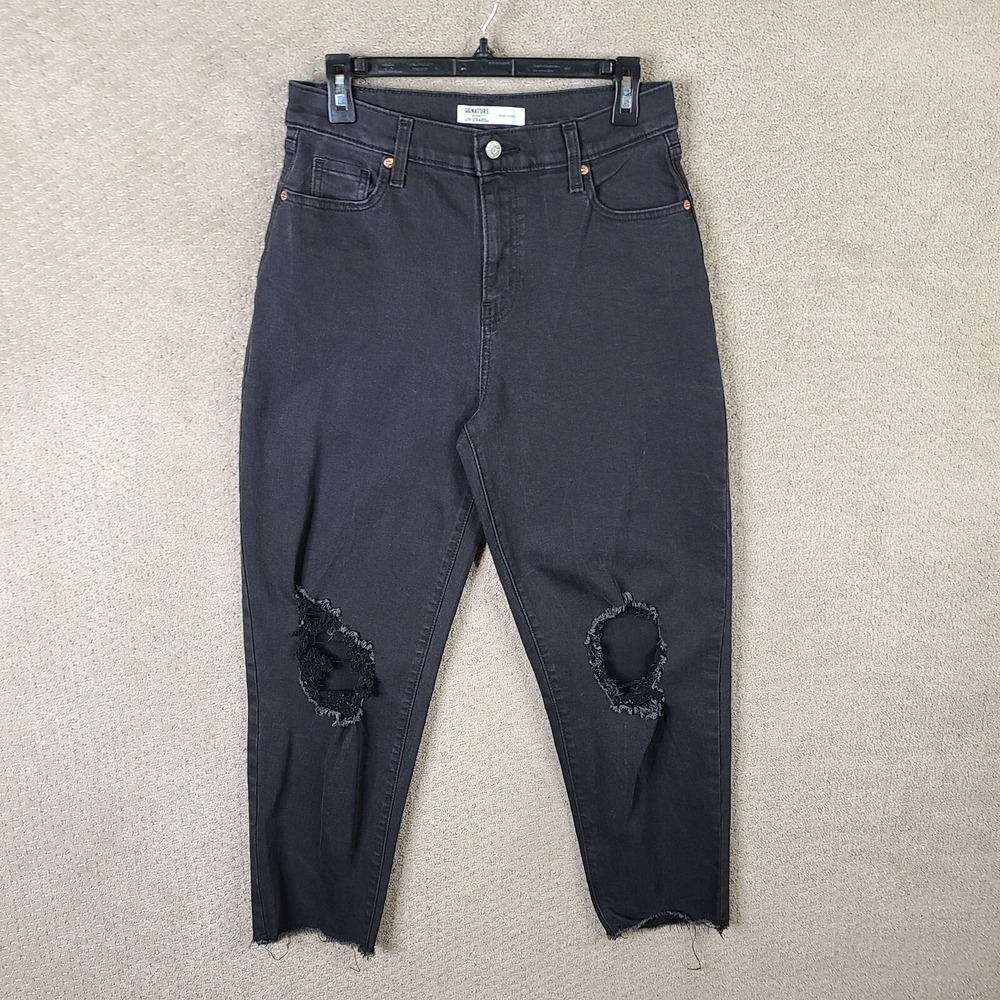 Levis Jeans Women 2 Black Mom Jeans High Rise Distressed Signature Denim Stretch